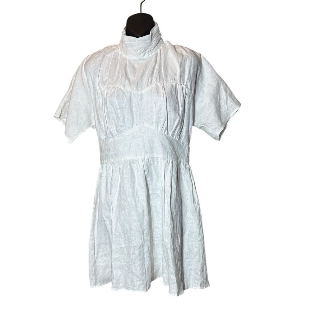 Dissh women’s 12 100% linen Elise dress mini white high neck gathered bust